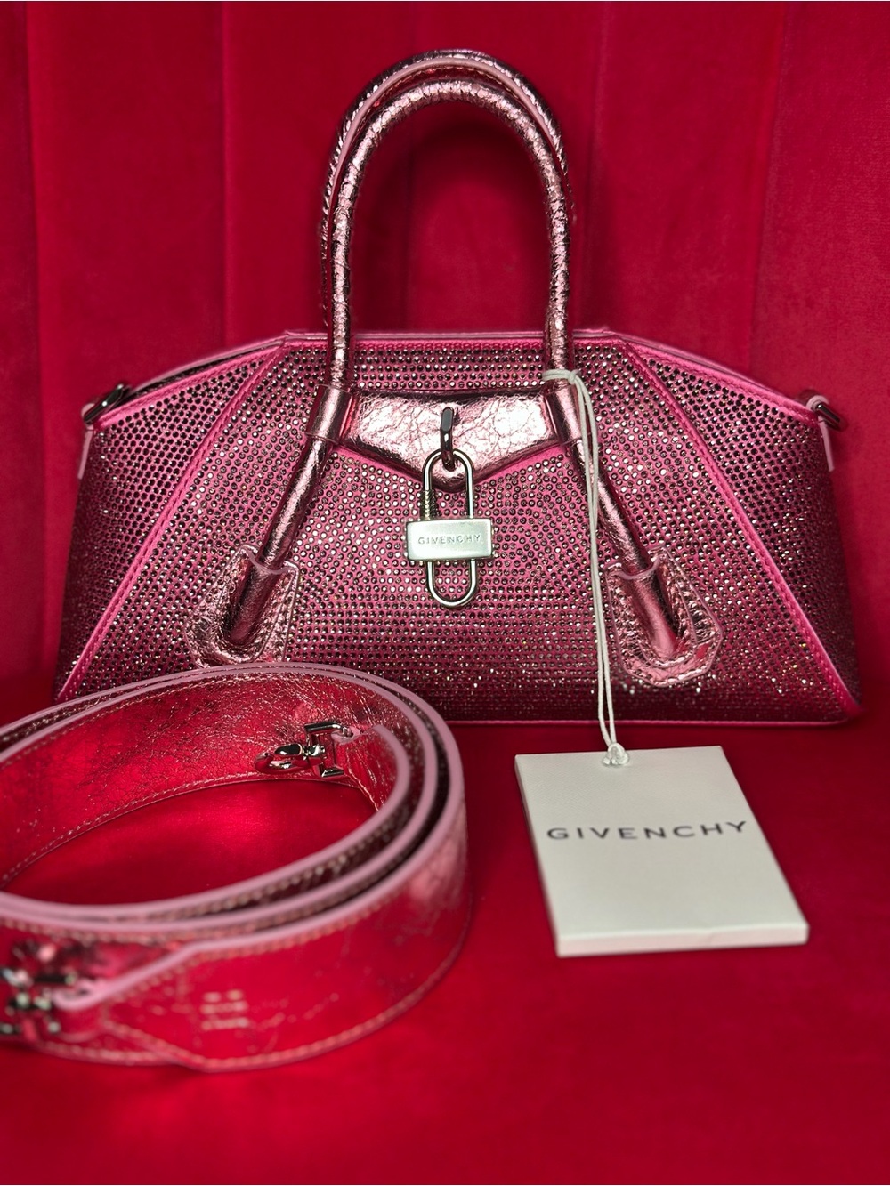 Givenchy Antigona Mini Metallic Pink Crystal-Embellished Handbag